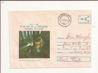 Plic FDC Romania -50 ani de la realizarea fuziunii nucleare , Circulat 1989 foto