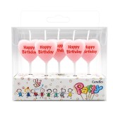 Cumpara ieftin Lumanari pentru tort roz 6 x 2.5 cm, set 5 buc, model inimioara Happy Birthday, din parafina premium, pentru aniversari, petreceri si candy bar