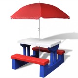 Masă Picnic Copii cu Bănci &amp; Umbrelă vidaXL, Multicolor, Roșu/Albastru/Alb, PP+Oțel, 67x41x47cm, Mobilier Grădină, Exterior