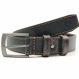 Cumpara ieftin Curea casual din piele naturala, 40 mm, Styx, neagra, cusatura maro cognac, catarama solida