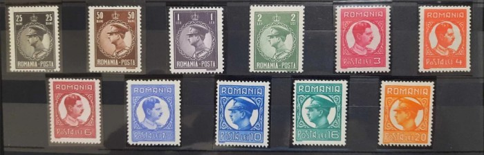 RO-004-ROMANIA 1930-Lp 86-CAROL II-serie de 11 timbre nestamilate cu SARNIERA