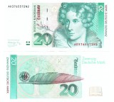Bancnota Germania 20 Mark 1991, West Germany P-39 UNC, Bancnote Germania Mark