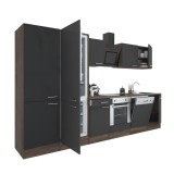 Mobilier de bucătărie Yorki 330, corp din stejar Yorki, fațadă antracit cu finisaj satinat, cu element de gătit inferior, dulap cu rafturi și frigider