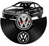 Ceas de perete decorativ realizat din disc de vinil, Model Volkswagen Passat CC / VW Auto, Negru, 30 cm