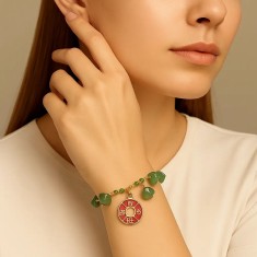 Brățară Boho Aventurin cu ideograma prosperității, piatra norocului, rafie reglabilă