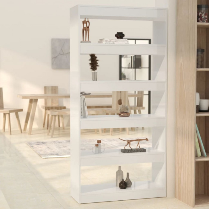Bibliotecă/Separator cameră, alb lucios, 80x30x166 cm, PAL