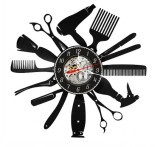 Ceas de perete decorativ realizat din disc de vinil, Model Ustensile Salon Coafura si Frizerie, Foarfece, Uscator, Pieptene si Brici, Negru, 30 cm