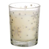 Lumanare decorativă de Crăciun &icirc;n pahar transparent cu modele albe, CMCLASS