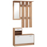 HOMCOM Set Mobilier Modern cu Etajeră pentru Pantofi, Oglindă cu 6 C&acirc;rlige, 2 Rafturi și Sertare, 90x24x177 cm, Lemn Natural | Aosom Romania