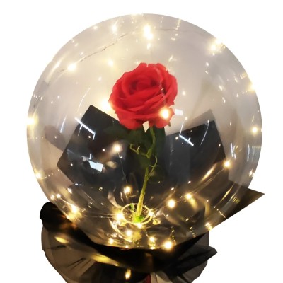 Trandafir decorativ in balon transparent cu lumini LED, tip buchet, efect elegant si romantic, diametru 35 cm, rosu foto