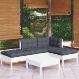 Set mobilier gradina Gossi, 5 piese, lemn pin, alb/antracit, perne incluse, canapea colt/mijloc, taburet/masa