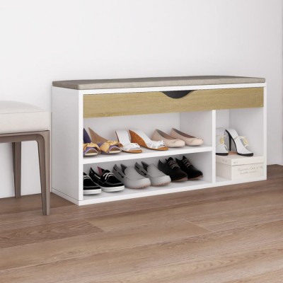 vidaXL Pantofar, pernă, alb/stejar sonoma, 104x30x49 cm lemn prelucrat 326755 foto