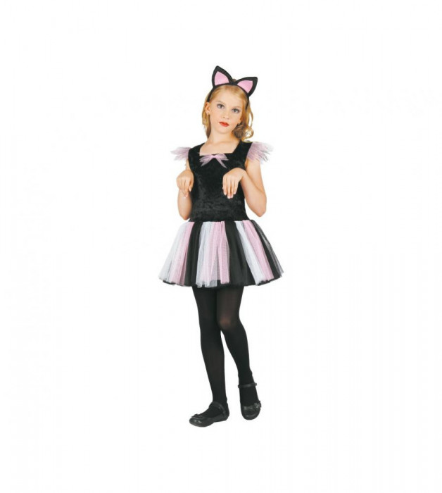 Costum carnaval pisica pentru cu copii bentita si rochie, marime 110 / 120 cm