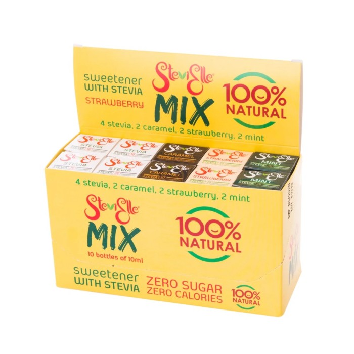 Mix 10 &icirc;ndulcitori mici &icirc;n cutii cu sticluţe de 10 ml, 100% naturali