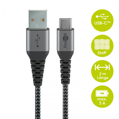 Cablu de date si incarcare USB A - USB type C 2m gri/argintiu textil flexibil Goobay 49297 foto