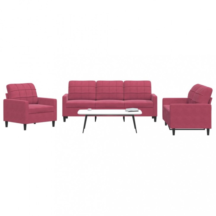 Gossi set canapea cu perne, 3 piese, rosu vin, catifea