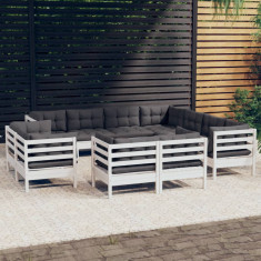 vidaXL Set mobilier grădină cu perne, 11 piese, alb, lemn masiv pin