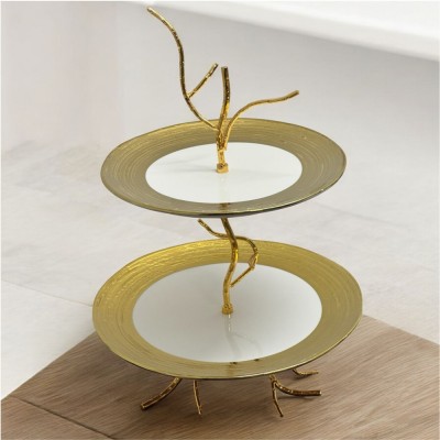 Platouri Portelan supraetajate, 2 niveluri, Candy Bar, Alb cu Auriu, 25 si 21 cm foto