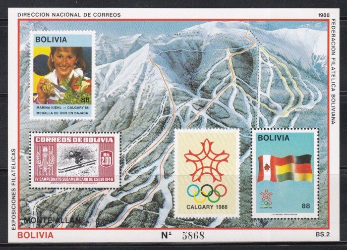 Bolivia 1988 - Jocurile Olimpice de iarnă - Calgary - Marina Kiehl, C&acirc;știgătoarea medaliei de aur, Colita