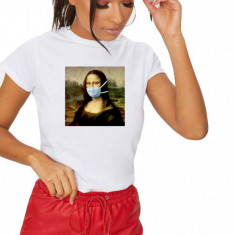 Tricou dama alb - Mona Lisa in Pandemie - S