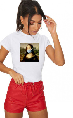Tricou dama alb - Mona Lisa in Pandemie - M foto