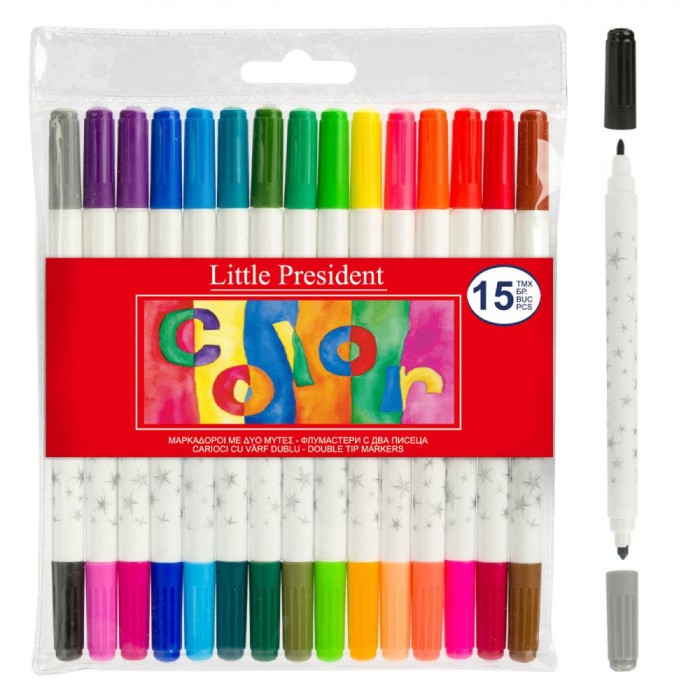 Set Carioci, Little President, Două V&acirc;rfuri, 30 Culori Intense și Pale, 15 Bucăți, Multicolor