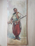 Soldat din Balcani cu arma, tablou vechi, ulei pe panza 20,5x50,5 cm semnat