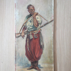 Soldat din Balcani cu arma, tablou vechi, ulei pe panza 20,5x50,5 cm semnat