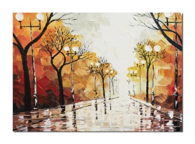 Peisaj citadin, strada cu felinare, 70x50cm tablou pictat manual ulei pe panza foto