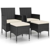 Set cu scaun de gradina si taburet, 4 piese, negru, poliratan
