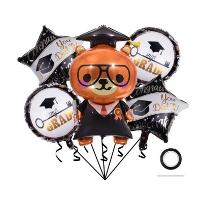 Baloane cu tematica absolvire, flippy, set din 5 baloane, 1 figurina ursulet, 2 stele, 2 rotunde, din folie de aluminiu, 70 x 40 cm, aer si heliu, alb foto