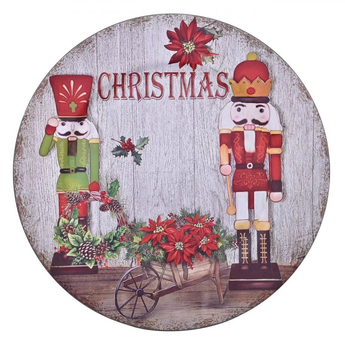 Platou Decorativ Crăciun, Model Soldat De Lemn și Crăciunițe, Diametru 33 cm, Plastic