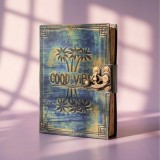 Jurnal din Piele Naturala Albastra , zGood Vibes, (13x18 cm) , Agenda Vintage cu Palmieri Gravati E i Inchizatoare Metalica