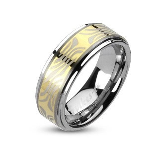 Inel din tungsten, cu mijlocul auriu și motiv zebră - Marime inel: 64 foto