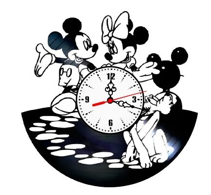 Ceas de perete decorativ realizat din disc de vinil, Model Mickey Mouse Minnie Pluto Disney Copii, Negru, 30 cm