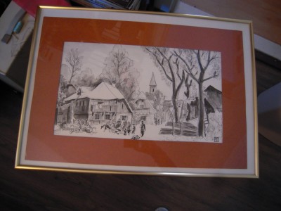 Tablou in tus negru si acuarela &amp;quot;Peisaj de iarna&amp;quot; cu dim. 29.5 x 49.5 cm, 1987 foto