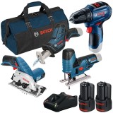 Bosch GST 12V-70 + GKS 12V-26 + GSR 12V-30 + GSA 12V-14 + 1600A019R8 + 1600A019R8 - Fierastrau pendular + Fierastrau circular 85x15 mm + Masina de gau