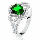 Inel argint, zirconiu oval, verde, &icirc;nclinat, linii rotunjite, ştrasuri transparente - Marime inel: 54