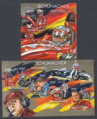 Africa Centrala 2014 - MASINI RALIURI F1 - MICHAEL SCHUMACHER - BL+KB - MNH foto