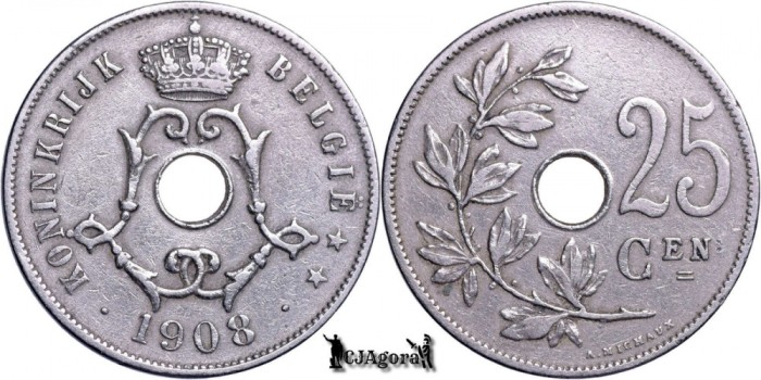 1908, 25 Centimes - Leopold al II-lea - Regatul Belgiei - inscripție olandeză