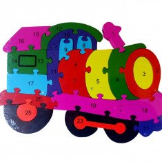 Puzzle 3D din lemn pentru copii cu Alfabet si Cifre, Locomotiva, 26 piese, 26 cm, 18002SX