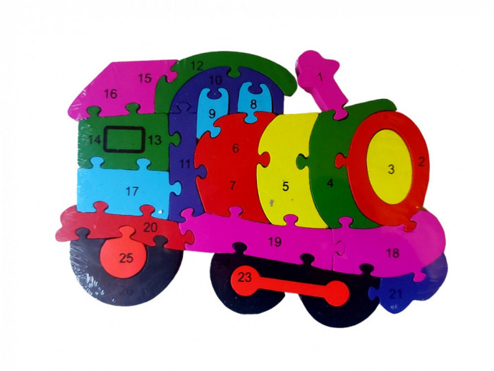 Puzzle 3D din lemn pentru copii cu Alfabet si Cifre, Locomotiva, 26 piese, 26 cm, 18002SX