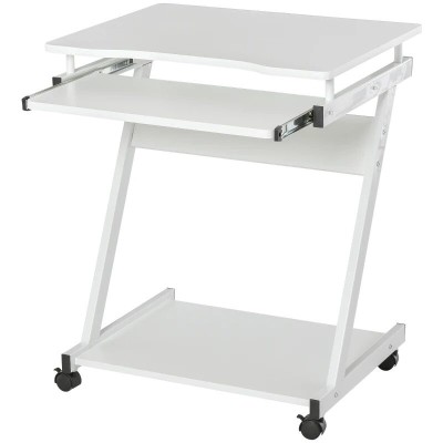 Birou calculator, pe roti, metal, pal, cu raft tastatura, alb, max 30 kg, 60x48x73 cm foto