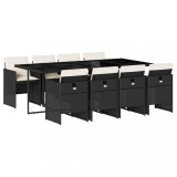 Set mobilier de gradina cu perne, 9 piese, negru, poliratan