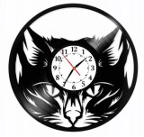 Ceas de perete decorativ &ldquo;Mystic Cat&rdquo;, lucrat manual din disc de vinil (Vinyl Record), design iubitori de pisici, Negru, 30 cm