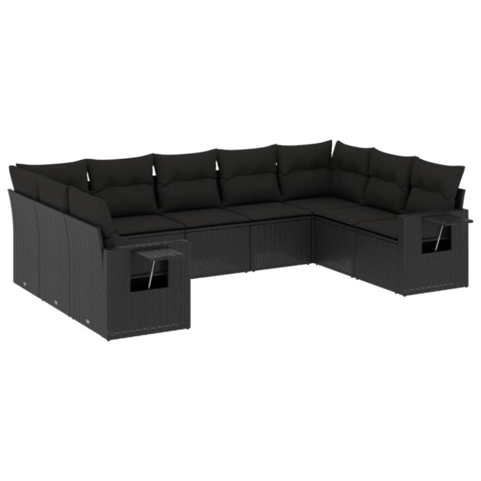 Set mobilier de gradina cu perne, 9 piese, negru, poliratan