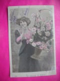 HOPCT 12092 ANUL 1909 -FELICITARE VECHE -FEMEI FRUMOASE -FRANTA -EUROPA - -ROMANTICA- -CIRCULATA