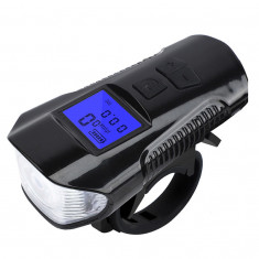 Far bicicleta cu ciclocomputer Huerler® FY-317, 1 x Cree LED + 2 x LED, claxon incorporat, afisare viteza, distanta, acumulator 1500mAh, incarcare USB