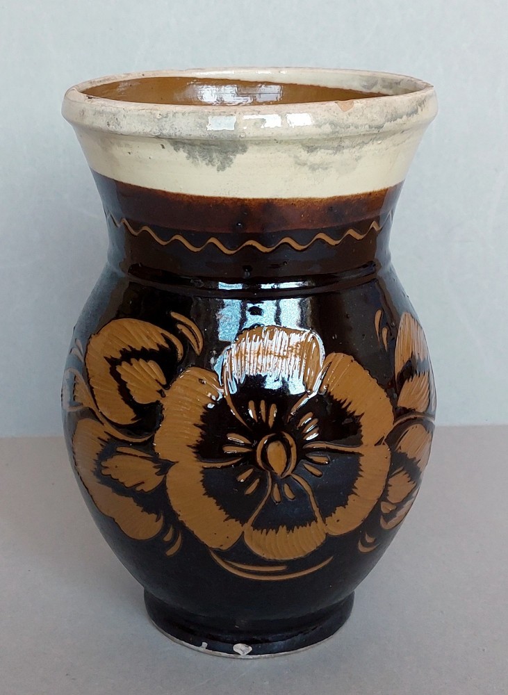 Ulcea de lut cu motiv floral, ceramica populara traditionala cca 50 ani ...