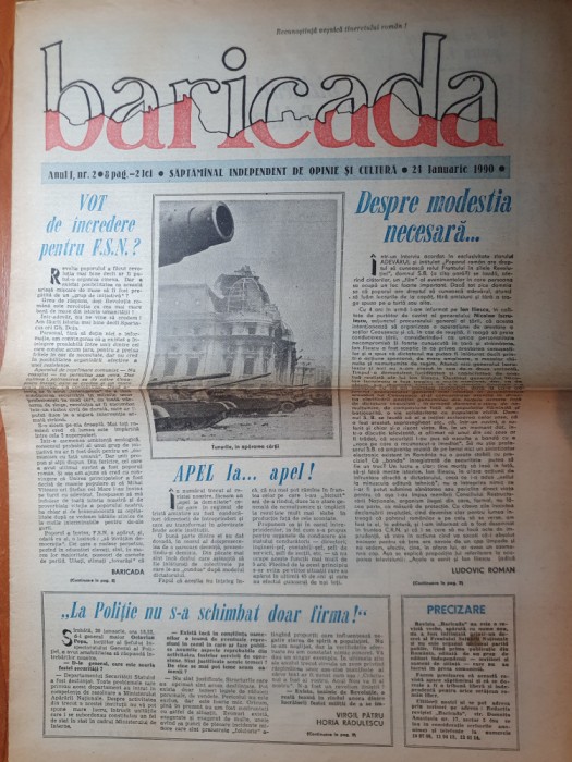 ziarul baricada 24 ianuarie 1990 - anul 1,nr.2-revolutia romana,silviu brucan
